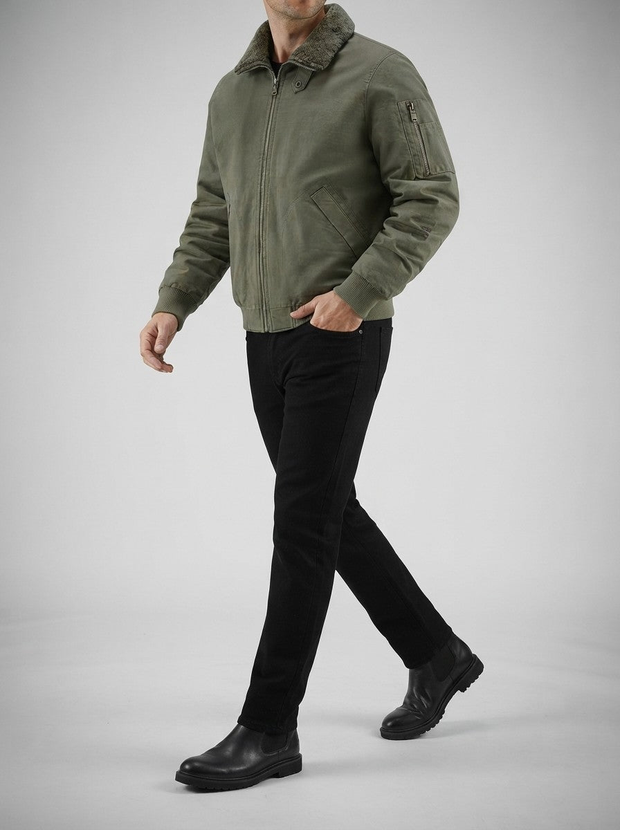 Men's Autumn Borg Collar Flight Jacket with Zip Sleeve Pocket