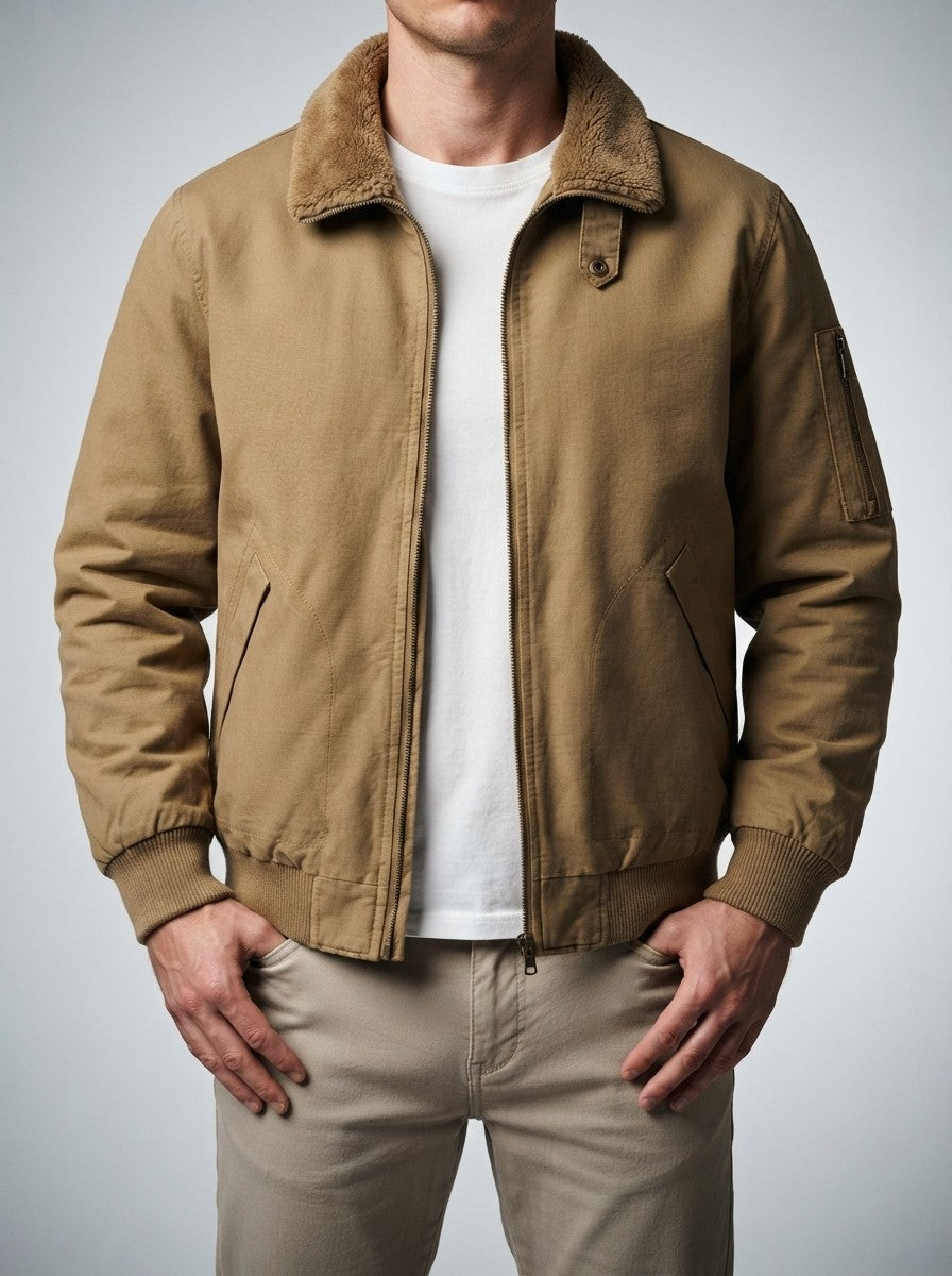 Men's Autumn Borg Collar Flight Jacket with Zip Sleeve Pocket