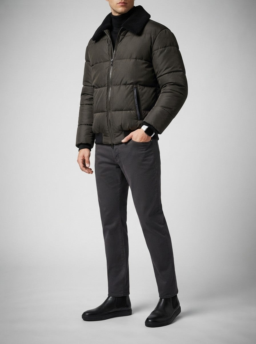 Men's Autumn Box Quilted Puffer Jacket with Fur Collar
