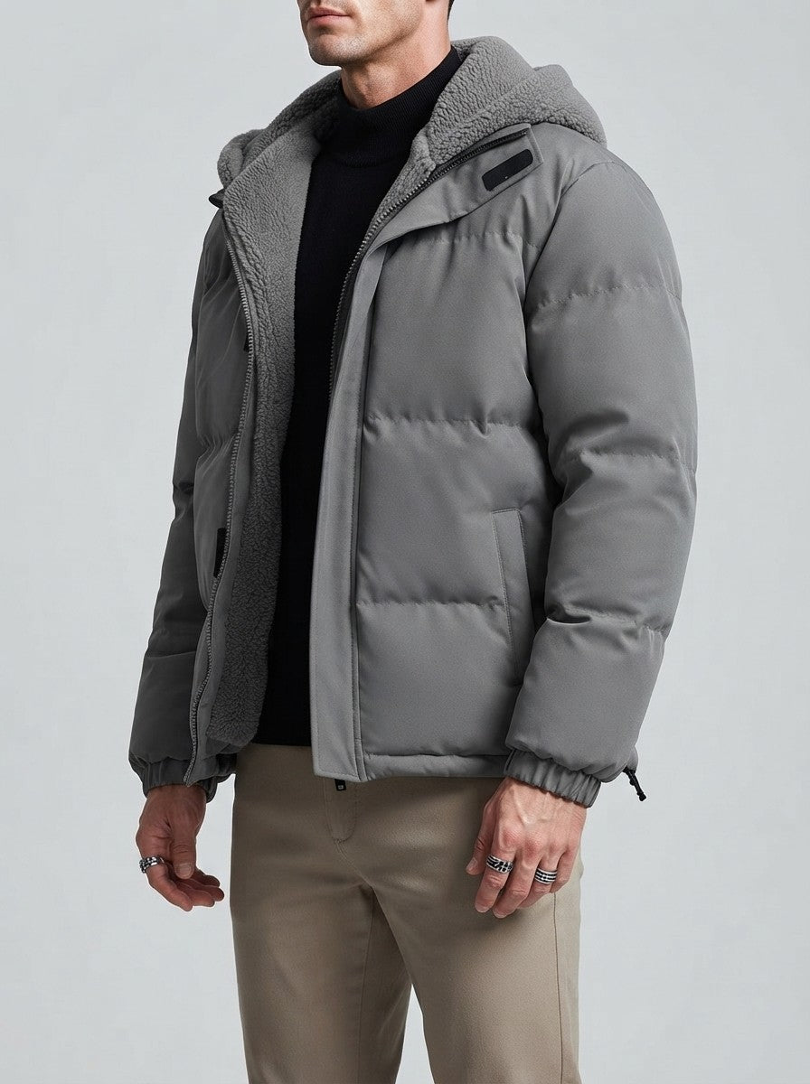 Men's Autumn Box Quilted Puffer Jacket with Layered Fleece Hood