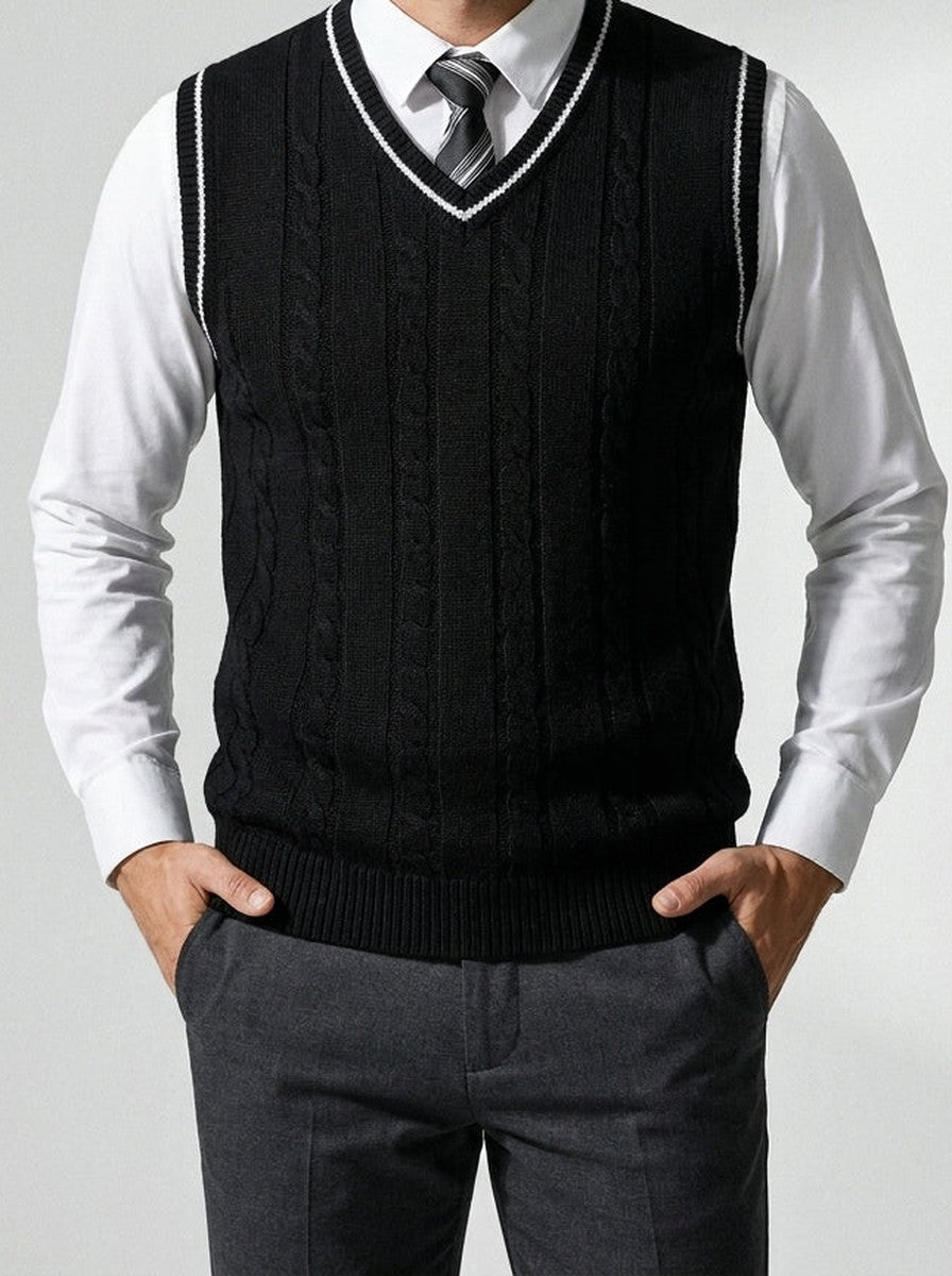 Men's Autumn Cable Knit Sleeveless Jumper Vest with V-Neck