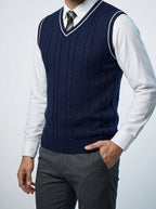 Men's Autumn Cable Knit Sleeveless Jumper Vest with V-Neck