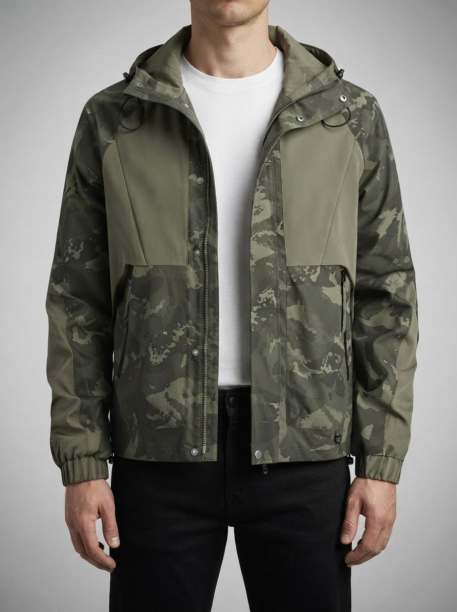Men's Autumn Camo Hooded Windbreaker Jacket with Contrast Panels