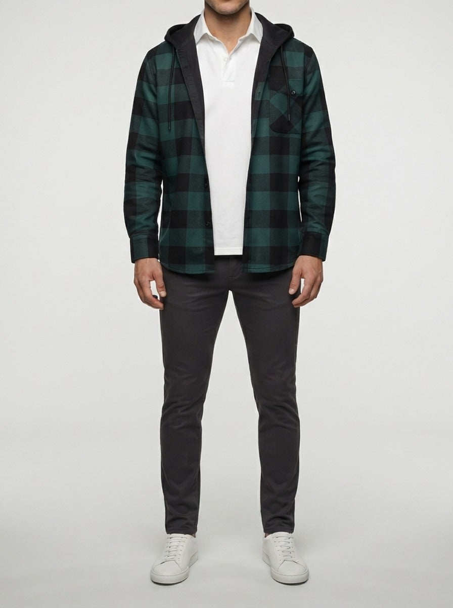 Men's Autumn Check Cotton Overshirt with Detachable Hood
