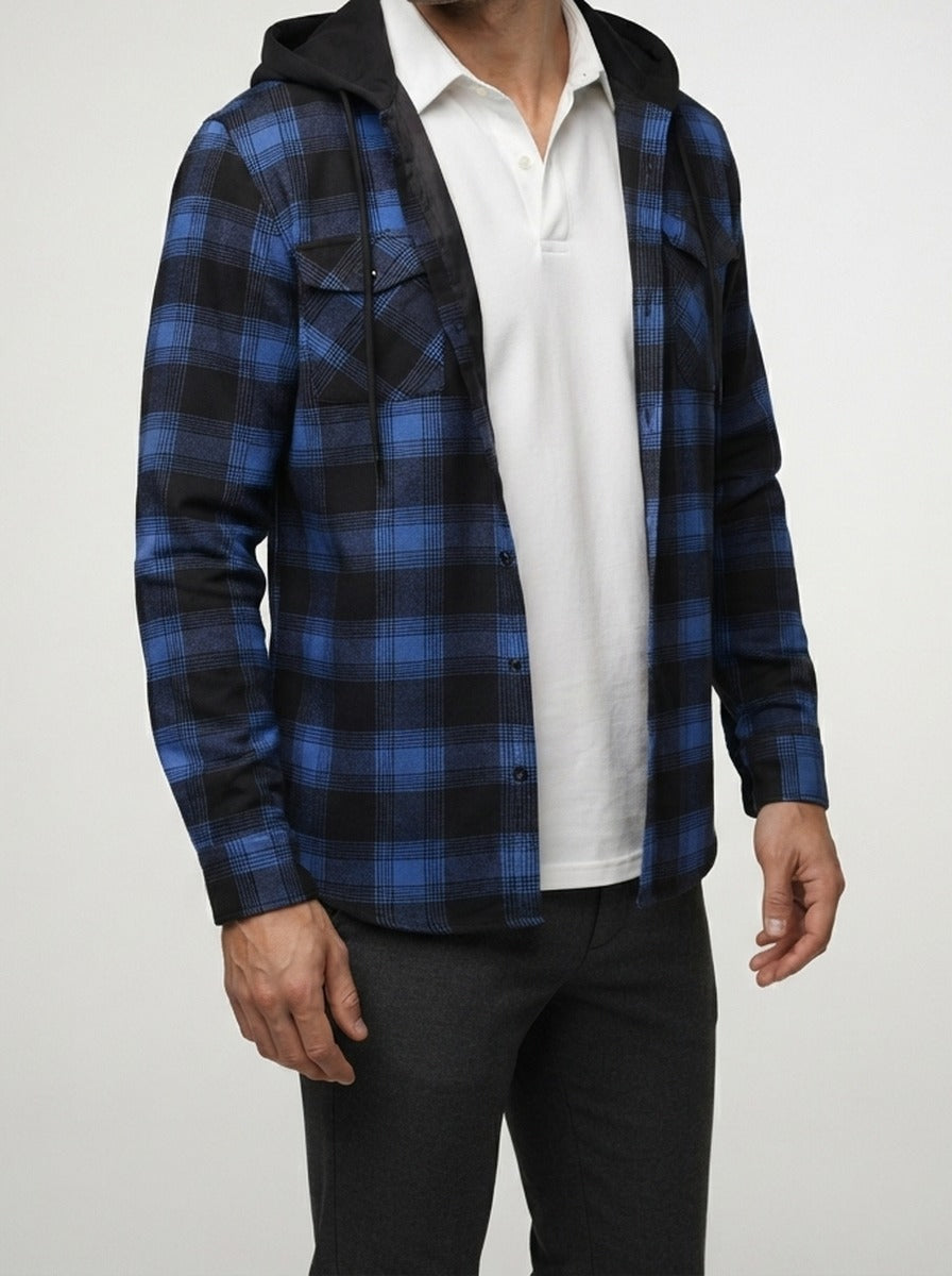 Men's Autumn Check Cotton Overshirt with Detachable Hood