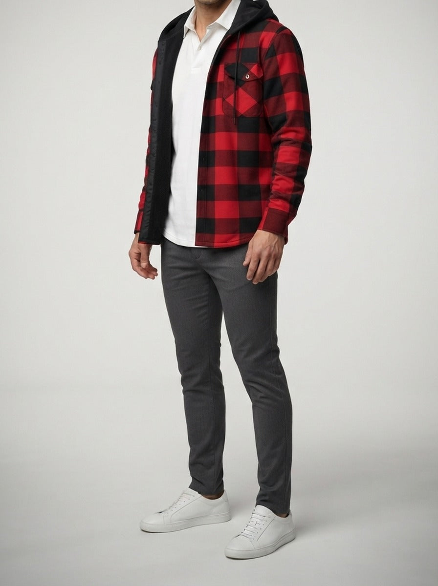 Men's Autumn Check Cotton Overshirt with Detachable Hood