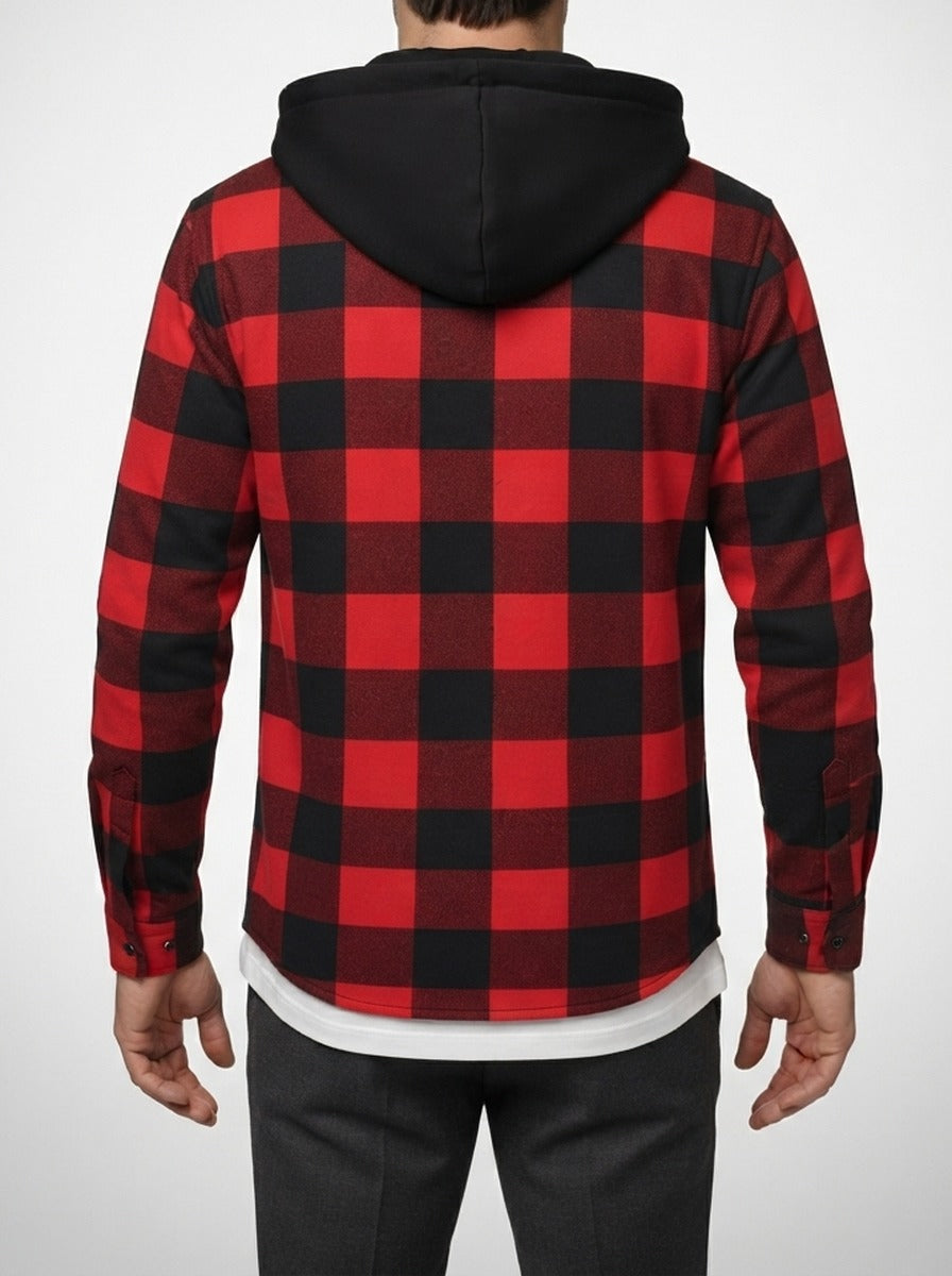 Men's Autumn Check Cotton Overshirt with Detachable Hood