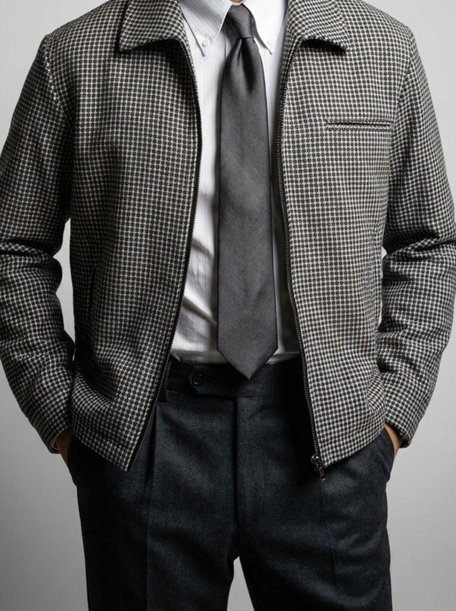 Men's Autumn Check Full Zip Jacket with Spread Collar