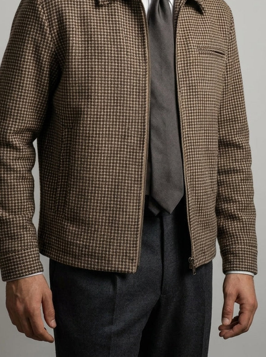 Men's Autumn Check Full Zip Jacket with Spread Collar