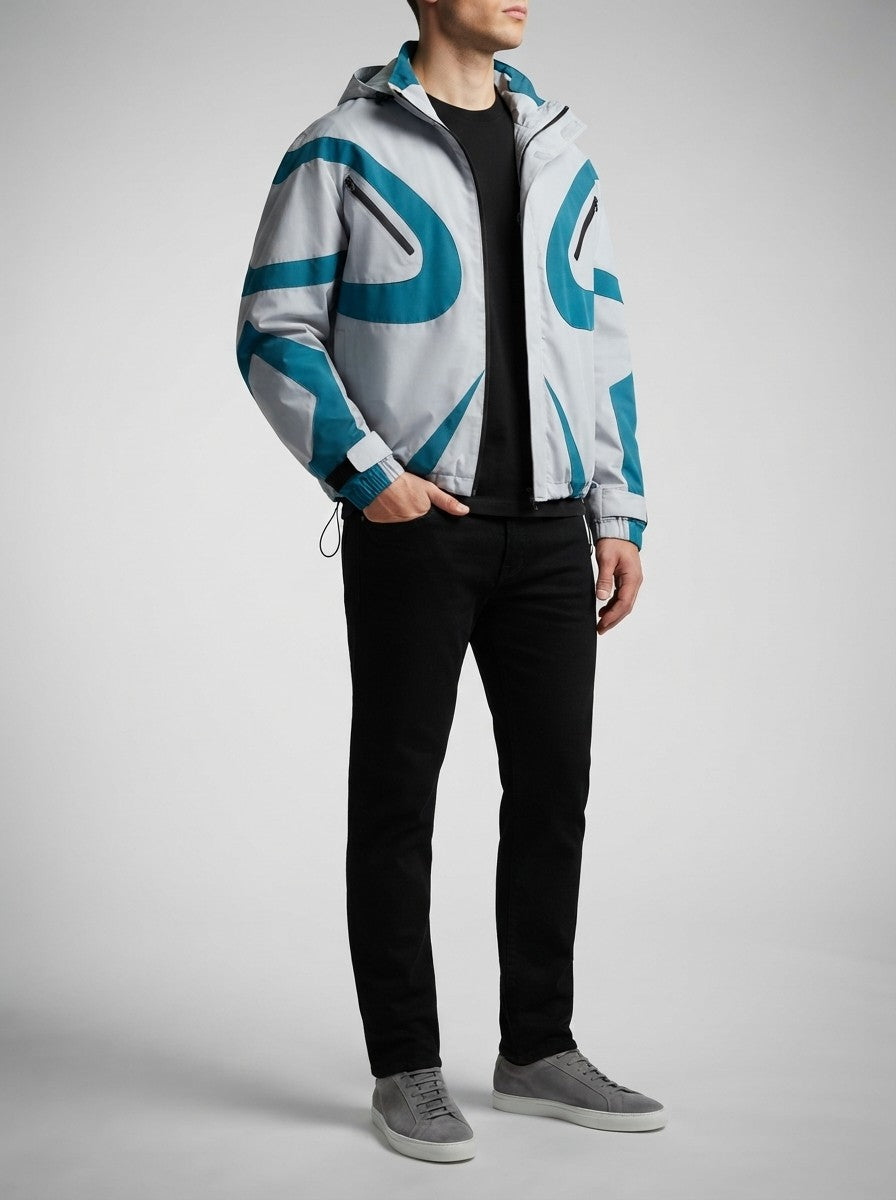 Men's Autumn Colour Block Hooded Windbreaker with Zip Chest Pockets