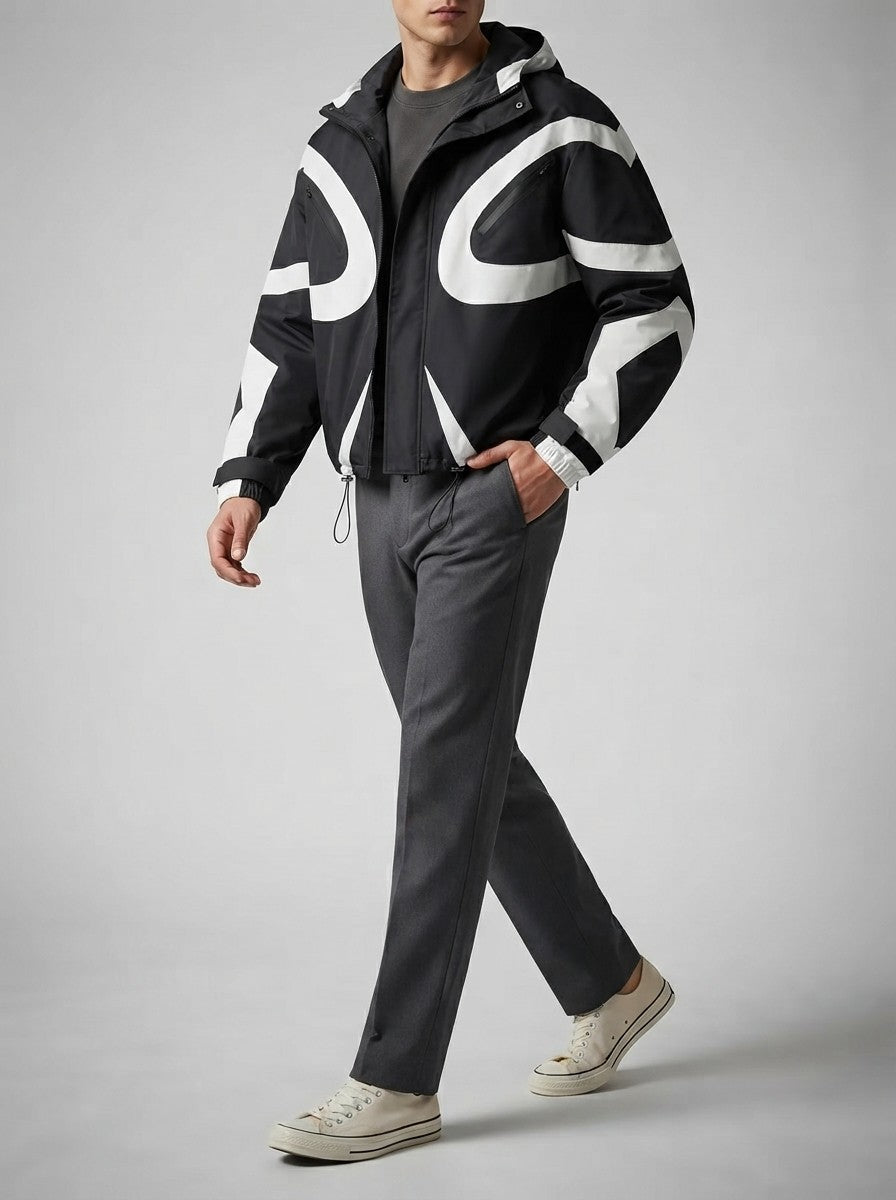 Men's Autumn Colour Block Hooded Windbreaker with Zip Chest Pockets