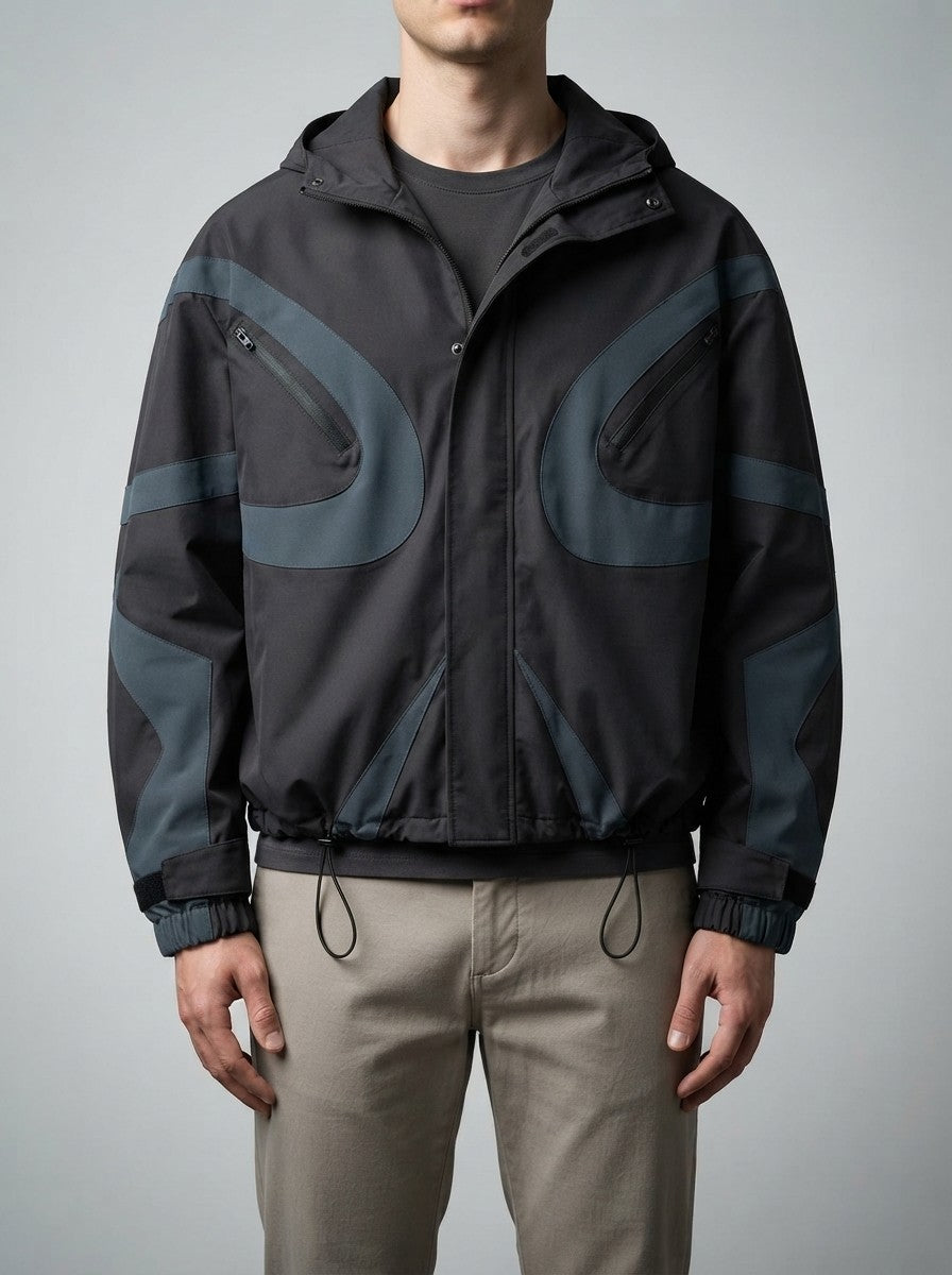 Men's Autumn Colour Block Hooded Windbreaker with Zip Chest Pockets
