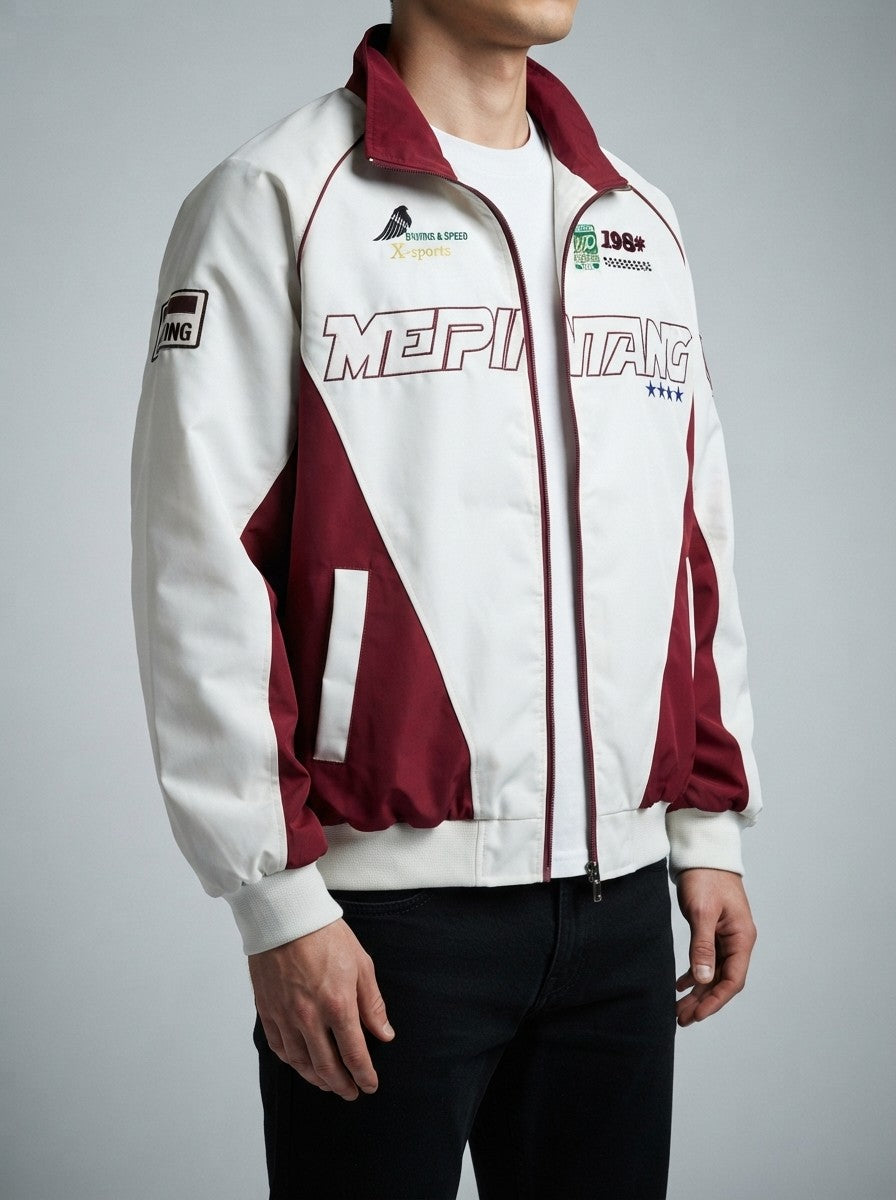 Men's Autumn Colour Block Racer Jacket with Embroidered Detail