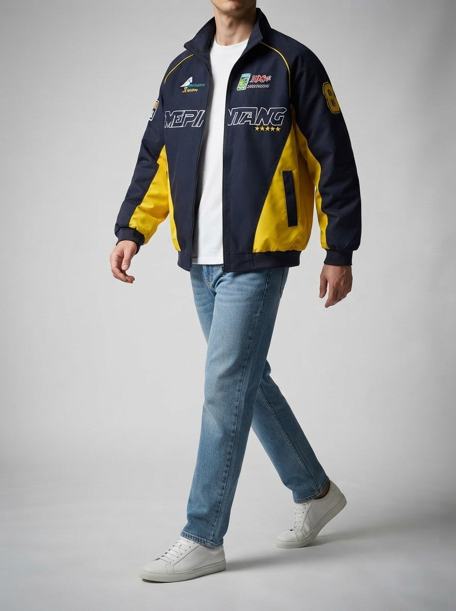 Men's Autumn Colour Block Racer Jacket with Embroidered Detail