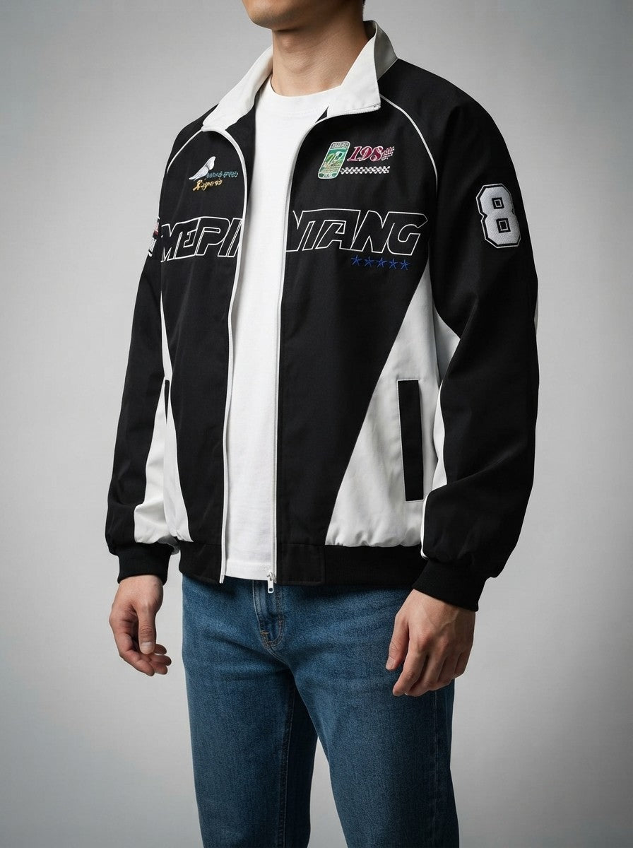 Men's Autumn Colour Block Racer Jacket with Embroidered Detail