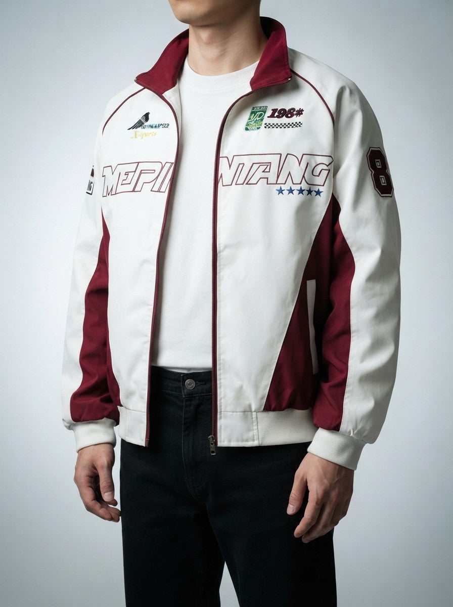 Men's Autumn Colour Block Racer Jacket with Embroidered Detail