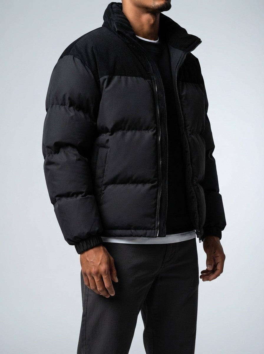 Men's Autumn Corduroy Contrast Puffer Jacket with Detachable Hood