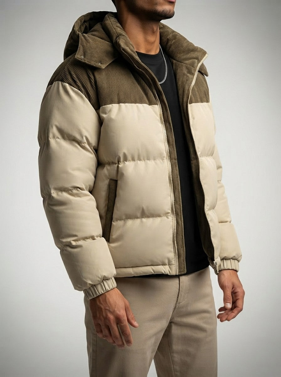 Men's Autumn Corduroy Contrast Puffer Jacket with Detachable Hood