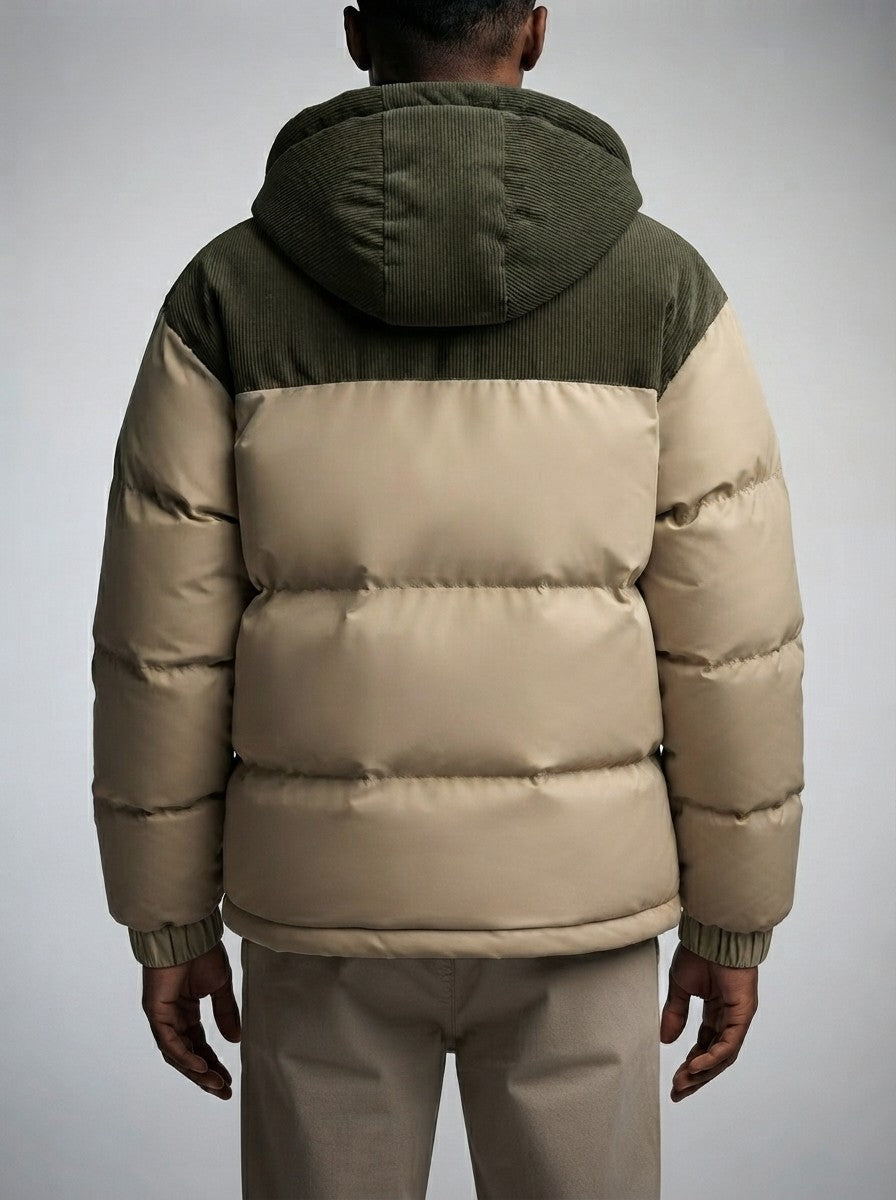 Men's Autumn Corduroy Contrast Puffer Jacket with Detachable Hood