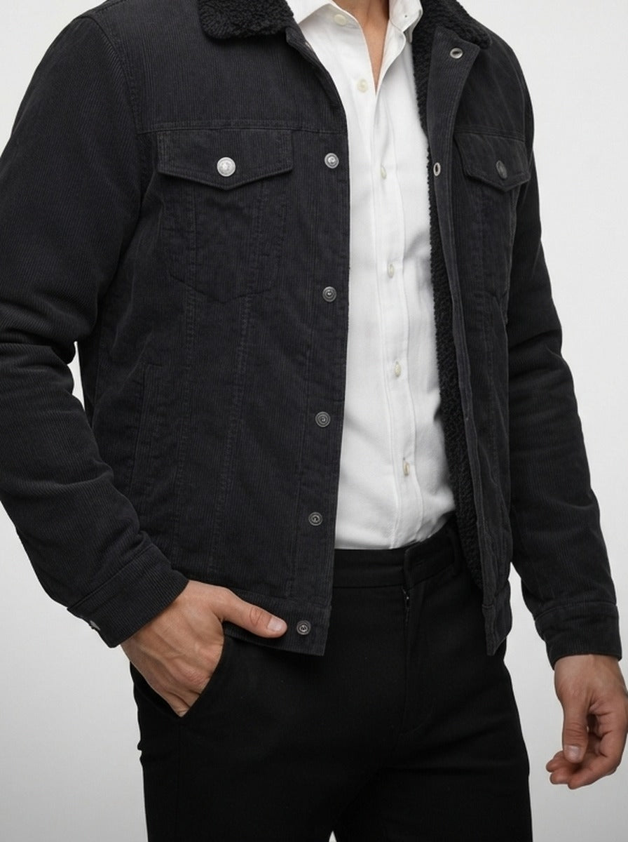 Men's Autumn Corduroy Trucker Jacket with Pile Collar