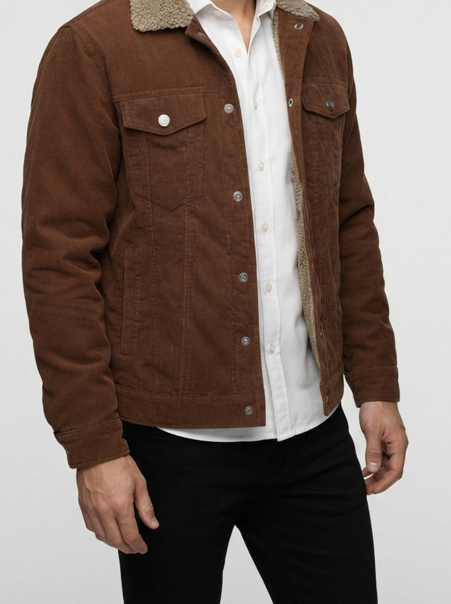 Men's Autumn Corduroy Trucker Jacket with Pile Collar