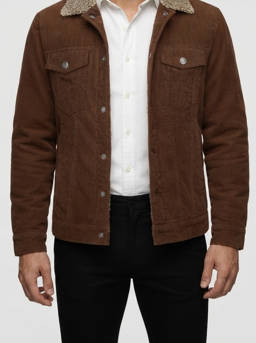 Men's Autumn Corduroy Trucker Jacket with Pile Collar