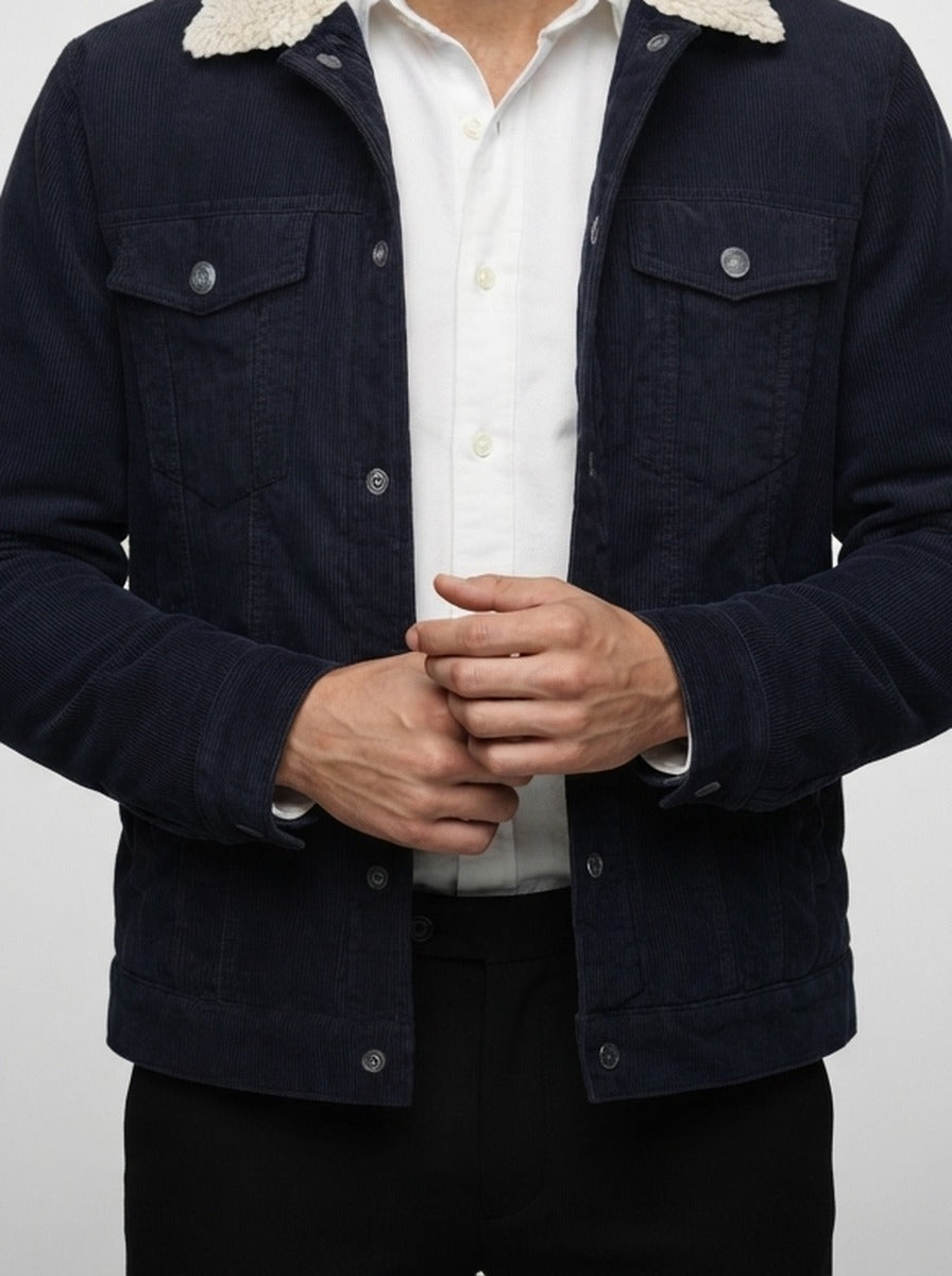 Men's Autumn Corduroy Trucker Jacket with Pile Collar