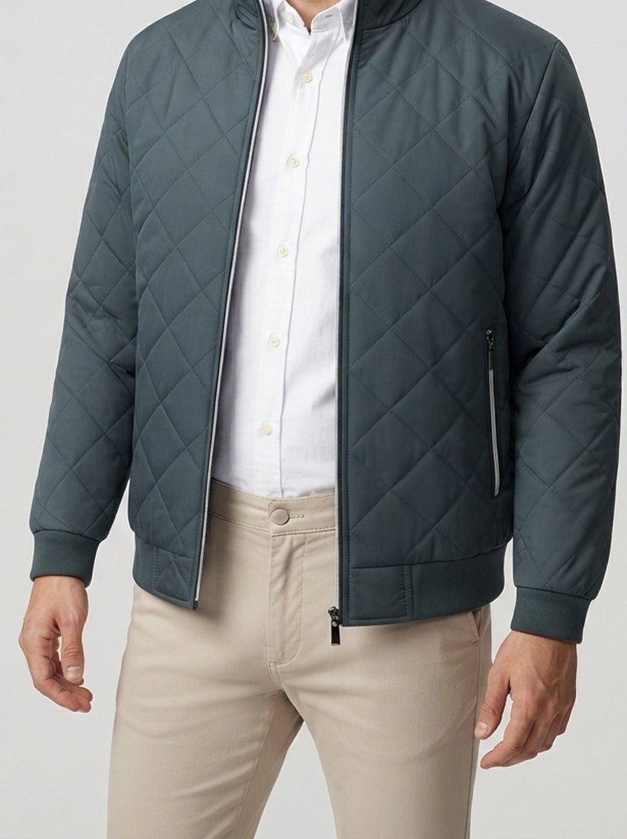 Men's Autumn Diamond Quilted Bomber Jacket with Contrast Tape Zip