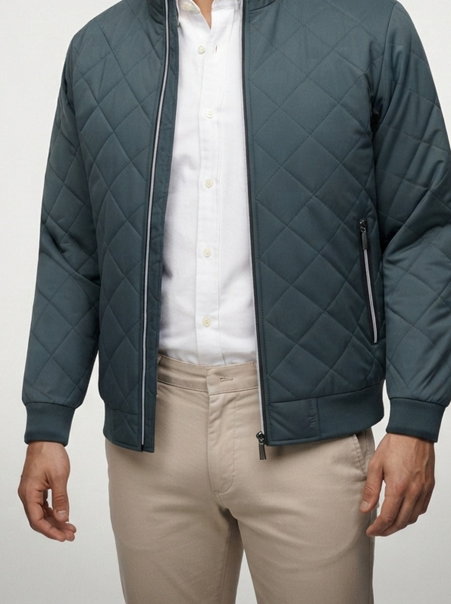 Men's Autumn Diamond Quilted Bomber Jacket with Contrast Tape Zip