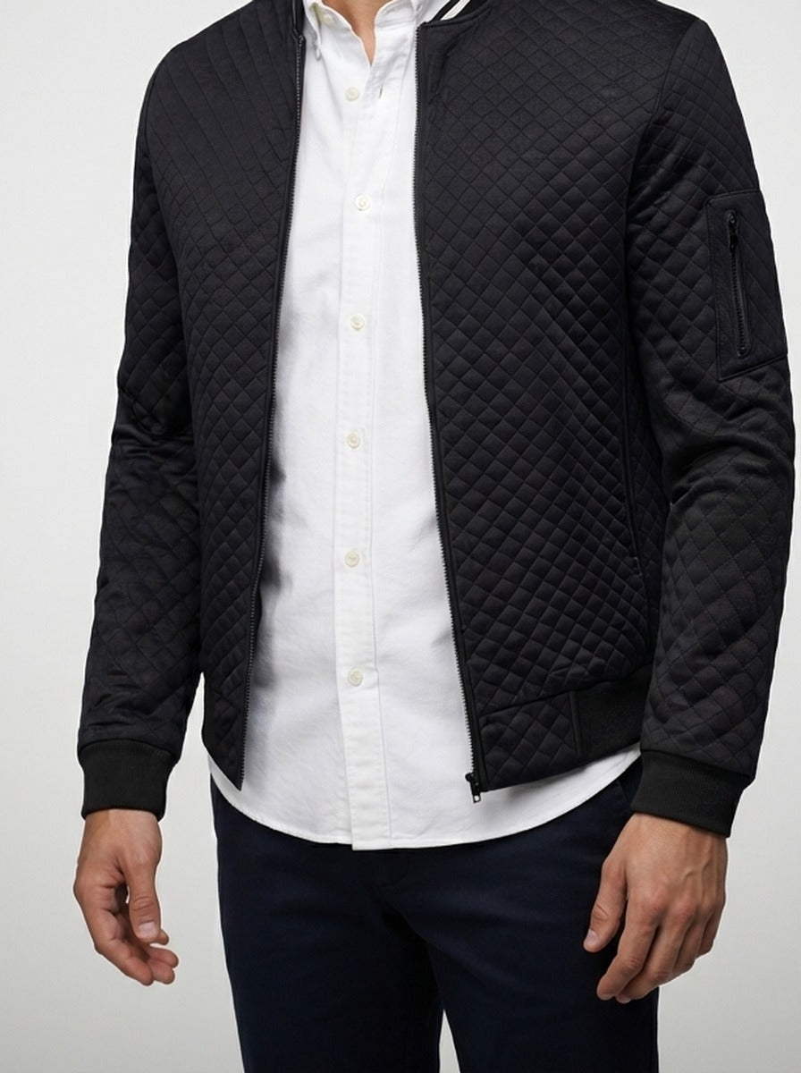 Men's Autumn Diamond Quilted Bomber Jacket with Striped Ribbed Collar