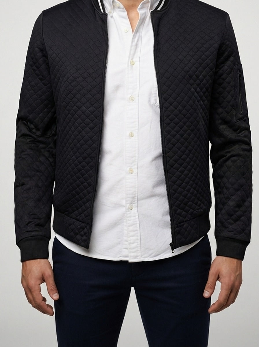 Men's Autumn Diamond Quilted Bomber Jacket with Striped Ribbed Collar