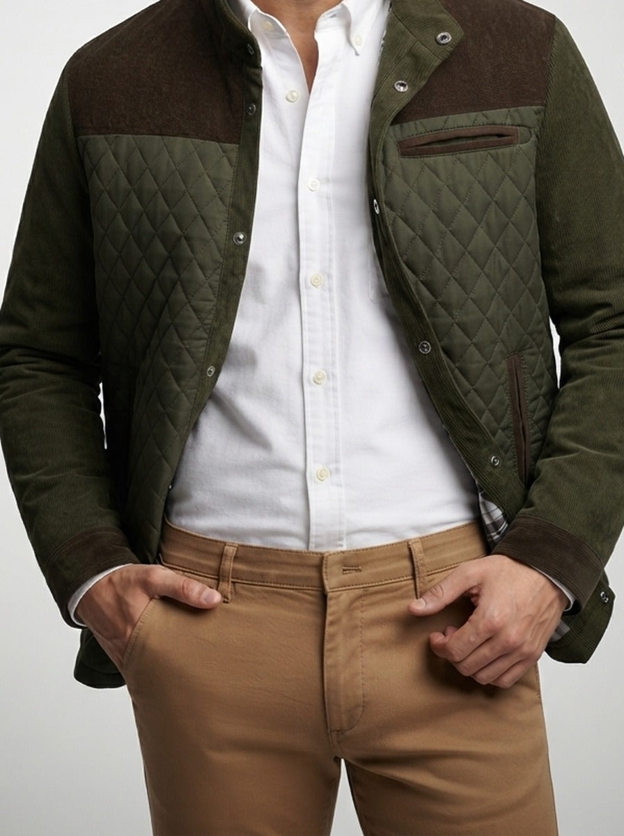 Men's Autumn Diamond Quilted Corduroy Jacket with Welt Pockets