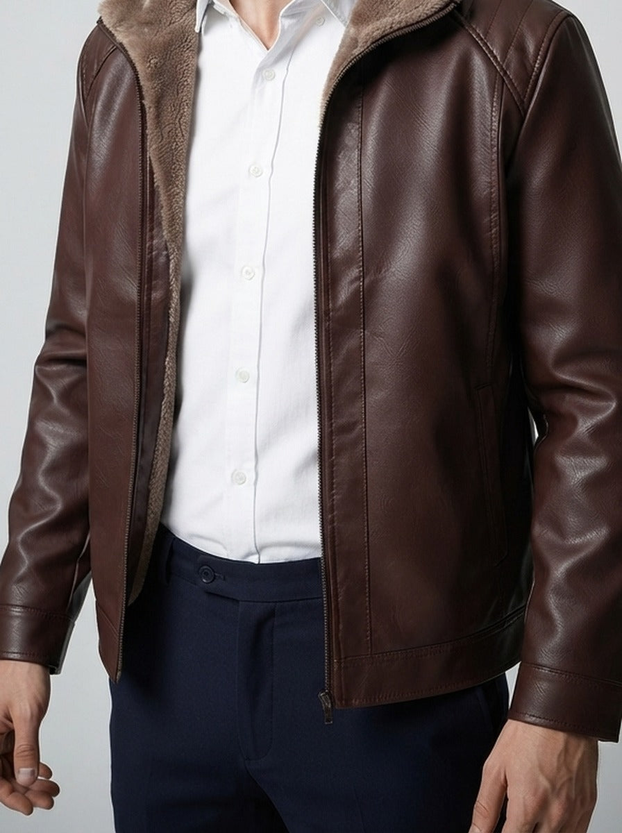 Men's Autumn Faux Leather Jacket with Pile Collar