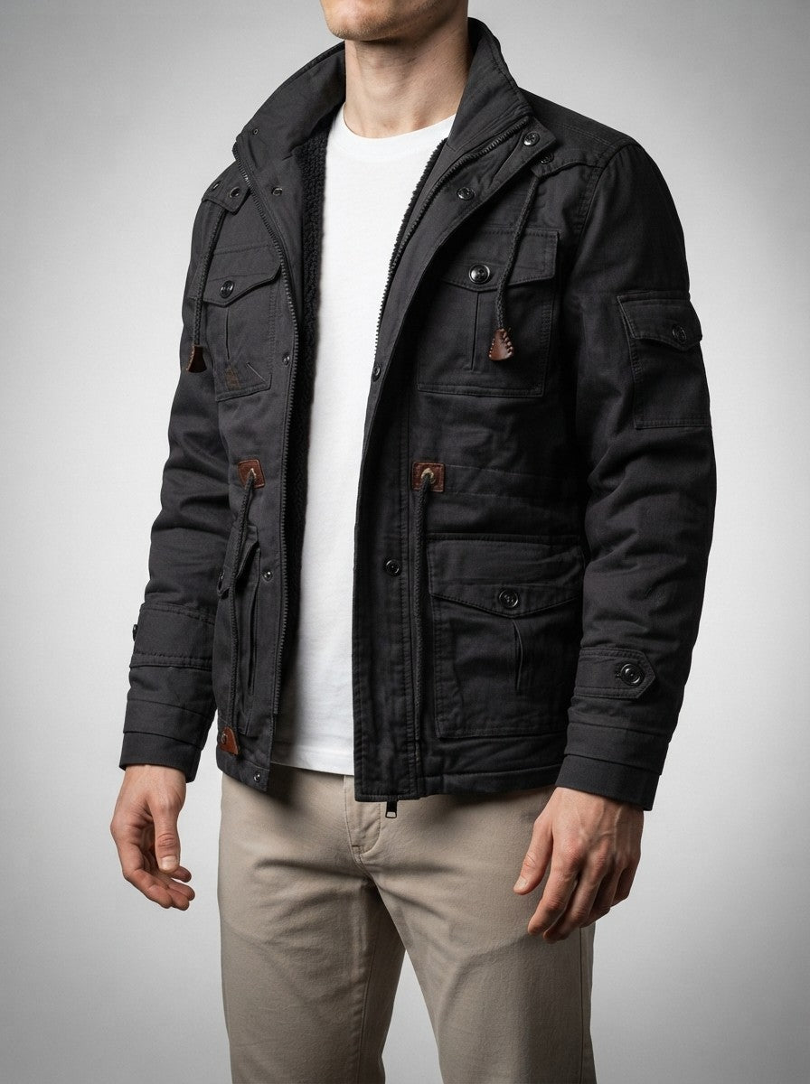 Men's Autumn Fleece Lined Cargo Jacket with Hood
