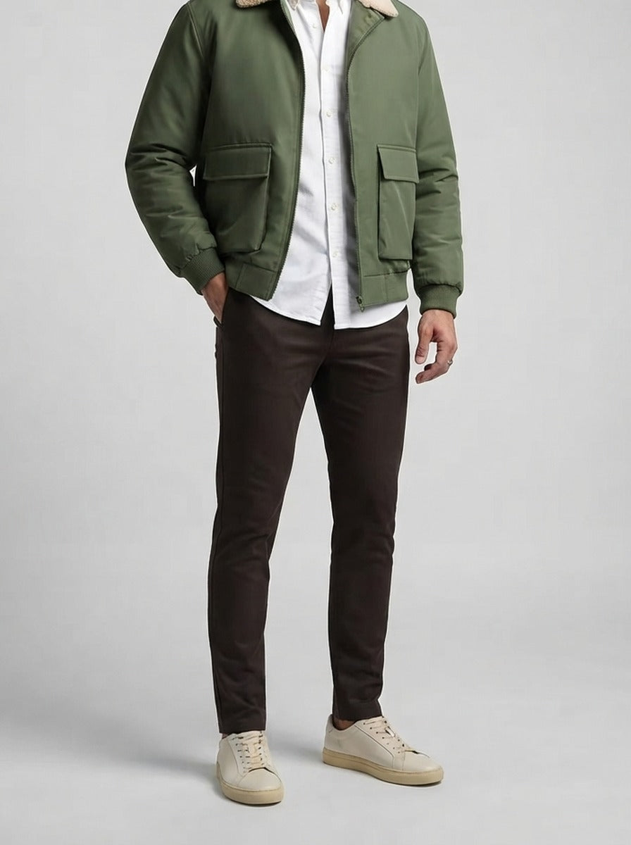 Men's Autumn Full Zip Flight Jacket with Pile Collar