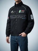 Men's Autumn Graphic Print Racing Bomber Jacket with Ribbed Hem