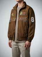 Men's Autumn Graphic Print Racing Bomber Jacket with Ribbed Hem