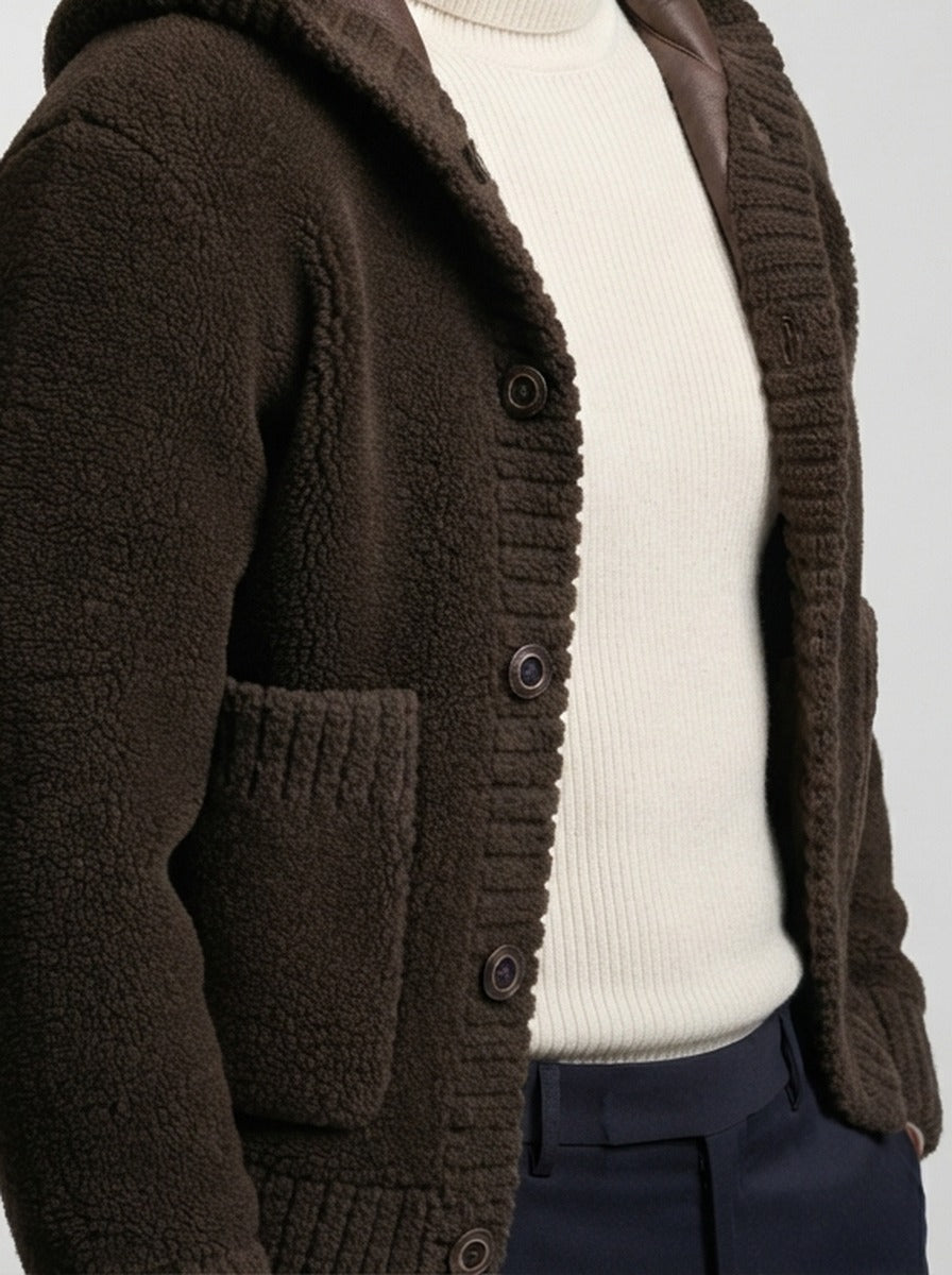 Men's Autumn Hooded Fleece Jacket with Button Front