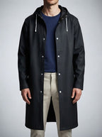 Men's Autumn Long Hooded Raincoat with Snap Fastening | Rain Mac