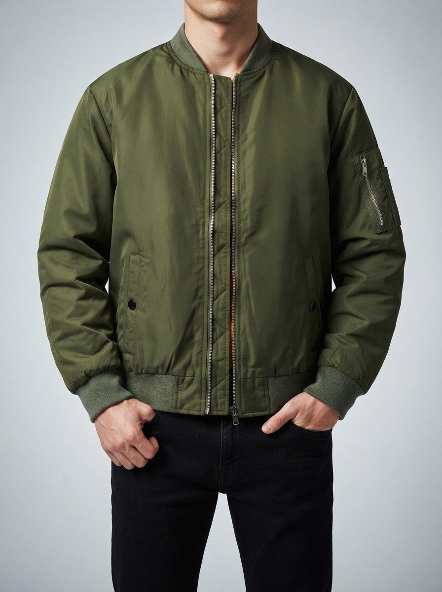 Men's Autumn Padded Bomber Jacket with Sleeve Zip Pocket