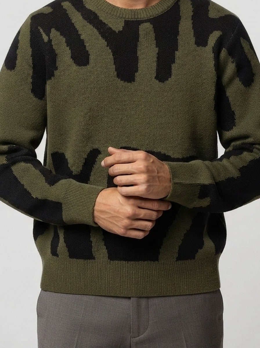 Men's Autumn Patterned Chunky Knit Crew Neck Jumper