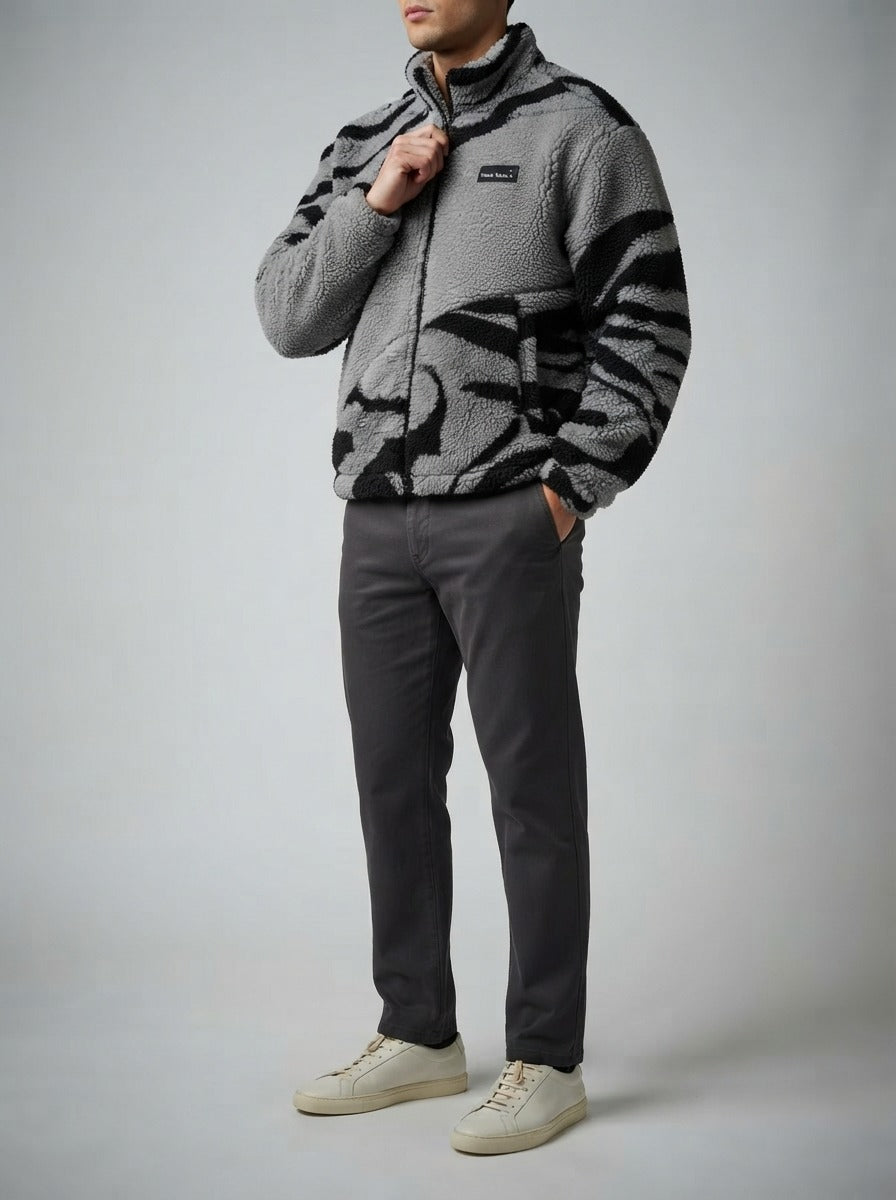 Men's Autumn Plush Zebra Print Fleece Jacket with Stand Collar