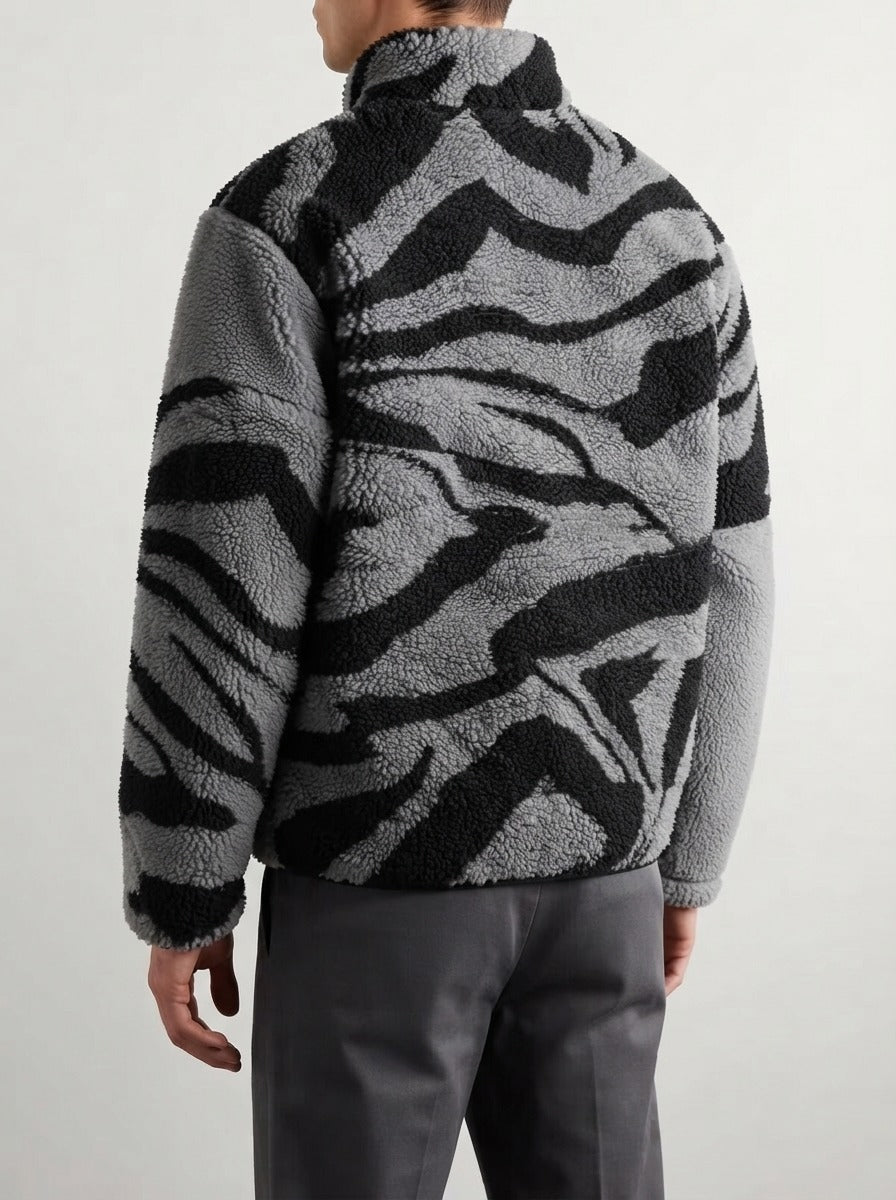 Men's Autumn Plush Zebra Print Fleece Jacket with Stand Collar