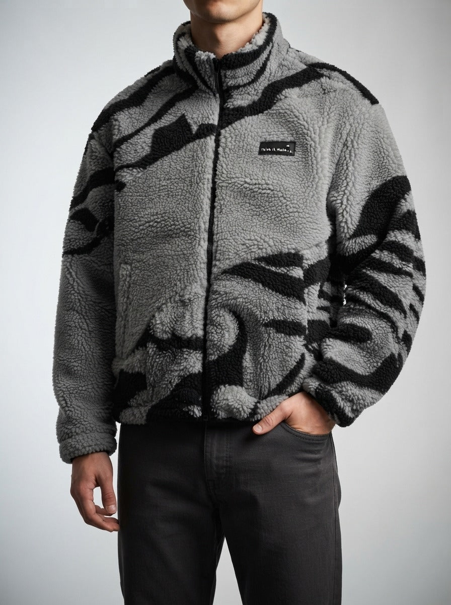 Men's Autumn Plush Zebra Print Fleece Jacket with Stand Collar
