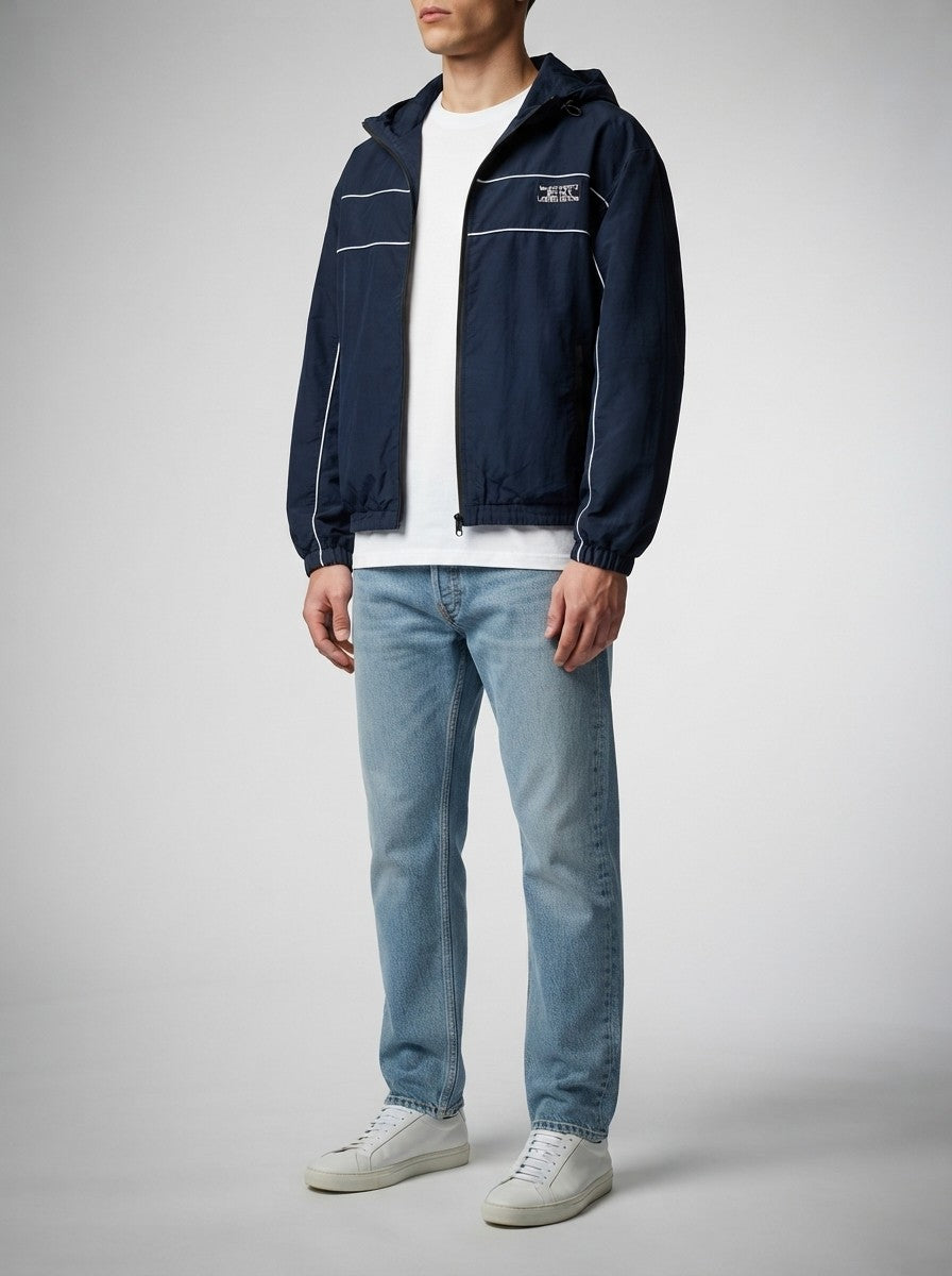 Men's Autumn Relaxed Fit Hooded Windbreaker with Contrast Piping