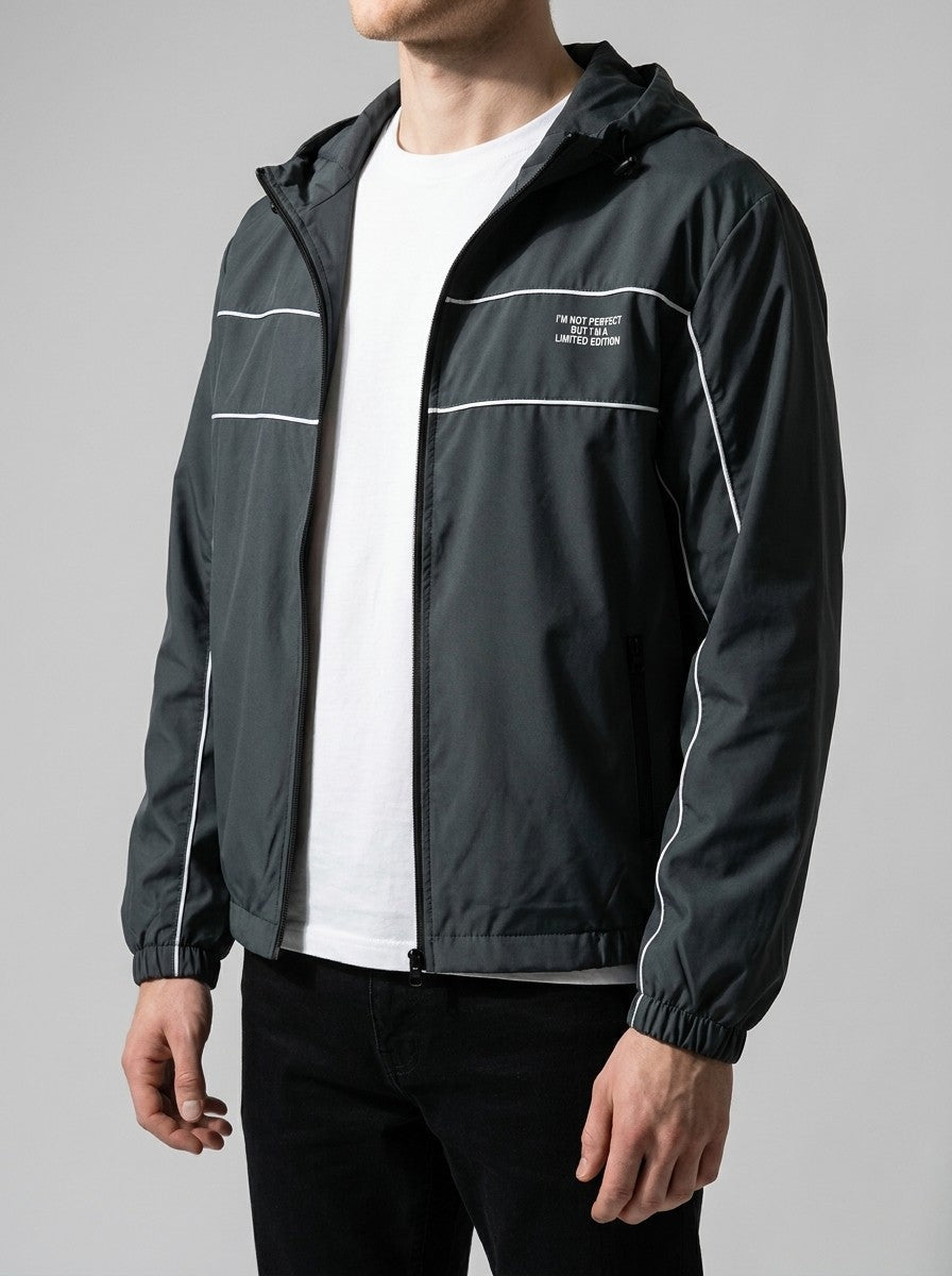 Men's Autumn Relaxed Fit Hooded Windbreaker with Contrast Piping