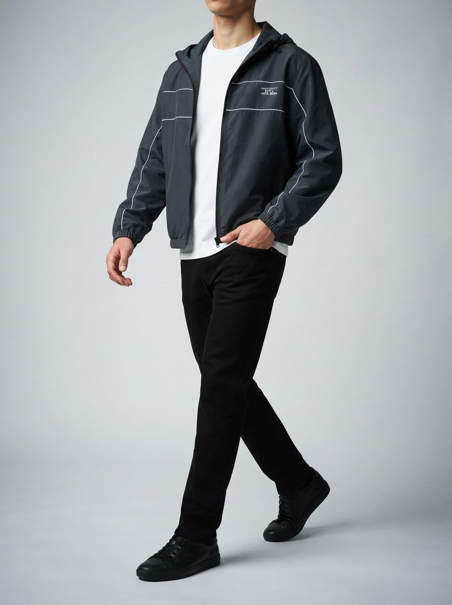 Men's Autumn Relaxed Fit Hooded Windbreaker with Contrast Piping