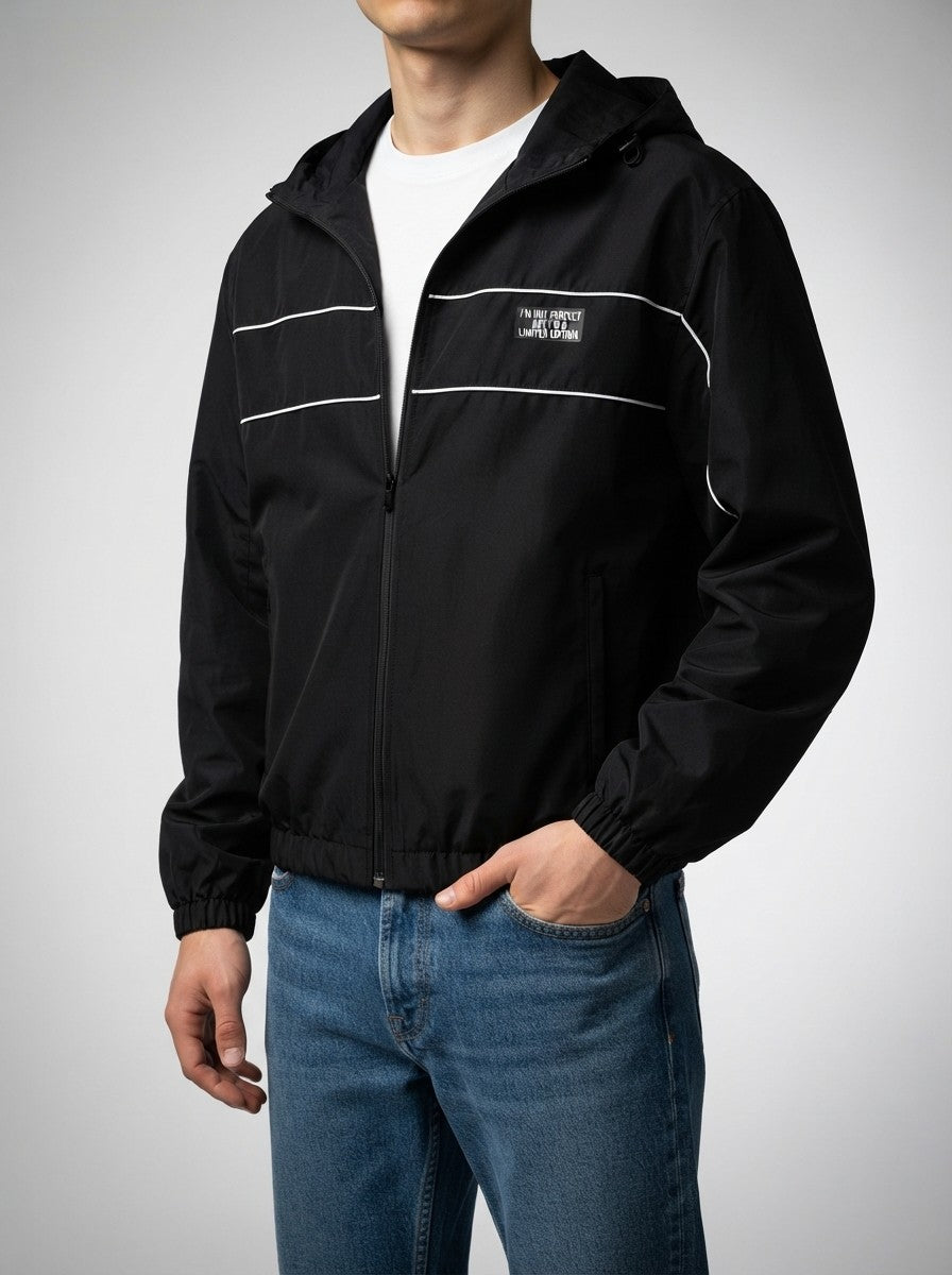 Men's Autumn Relaxed Fit Hooded Windbreaker with Contrast Piping