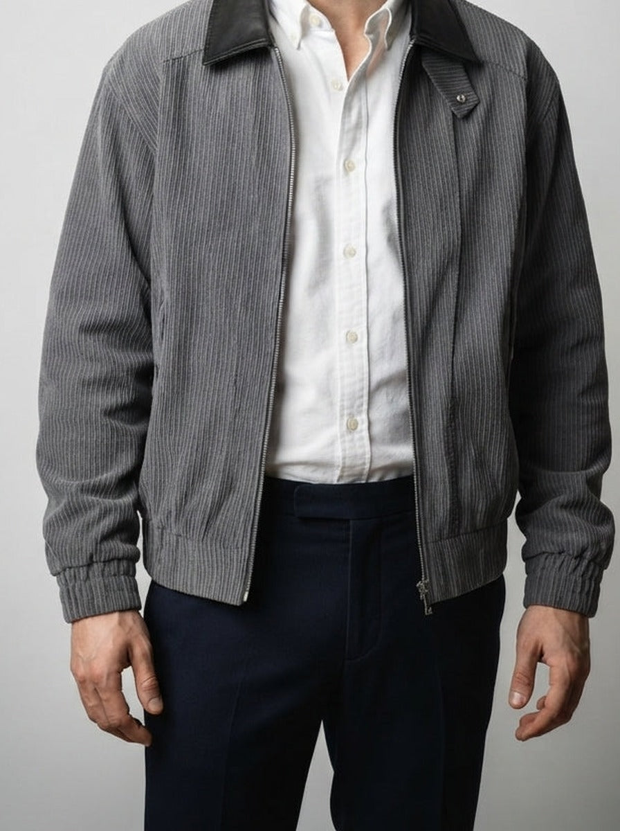 Men's Autumn Ribbed Bomber Jacket with Leather Collar