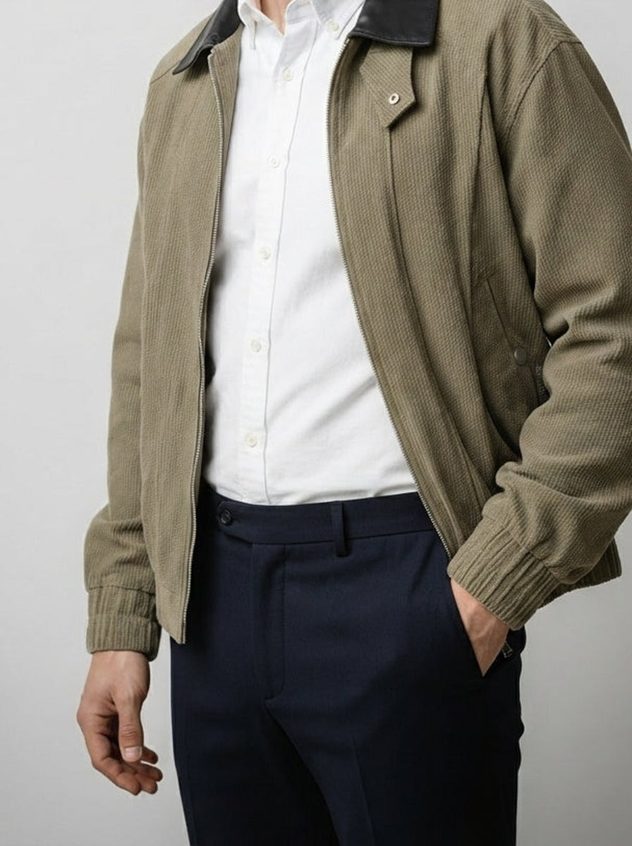 Men's Autumn Ribbed Bomber Jacket with Leather Collar